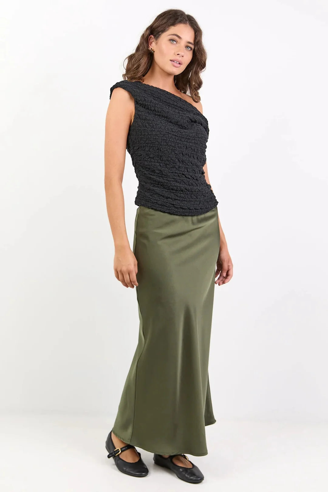 Rosette Khaki Satin Bias Midi Skirt