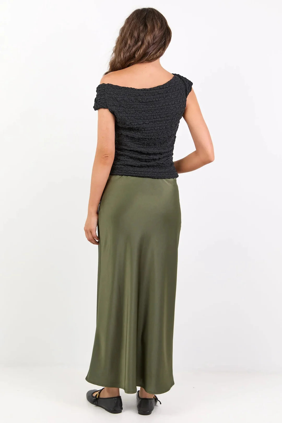 Rosette Khaki Satin Bias Midi Skirt