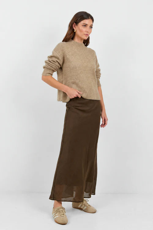 Sahara Chocolate Luxe Linen Blend Bias Maxi Skirt