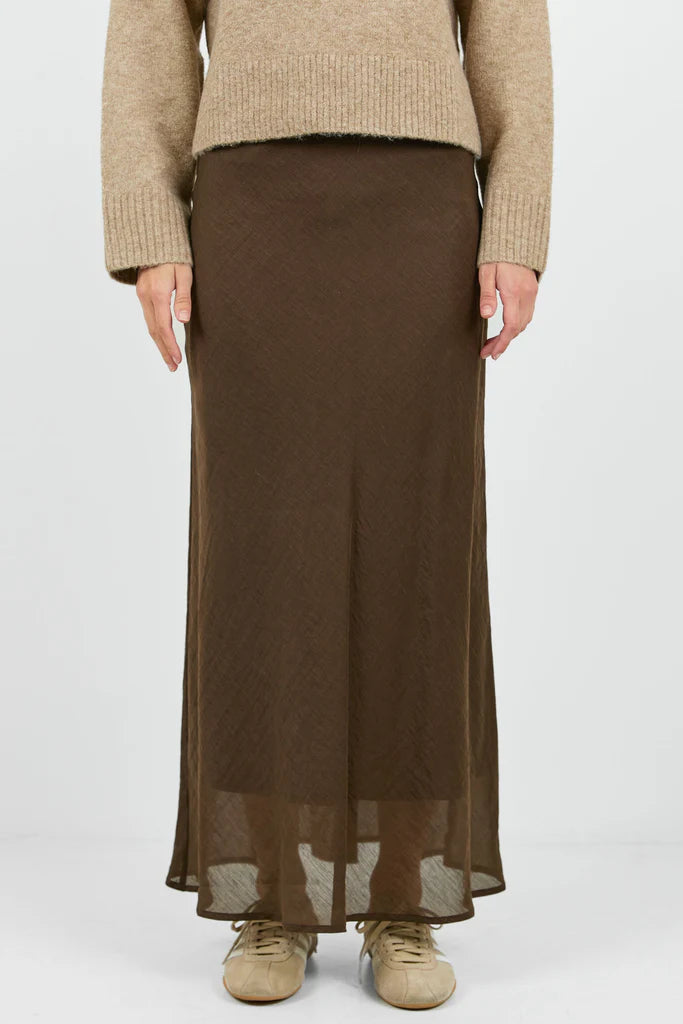 Sahara Chocolate Luxe Linen Blend Bias Maxi Skirt