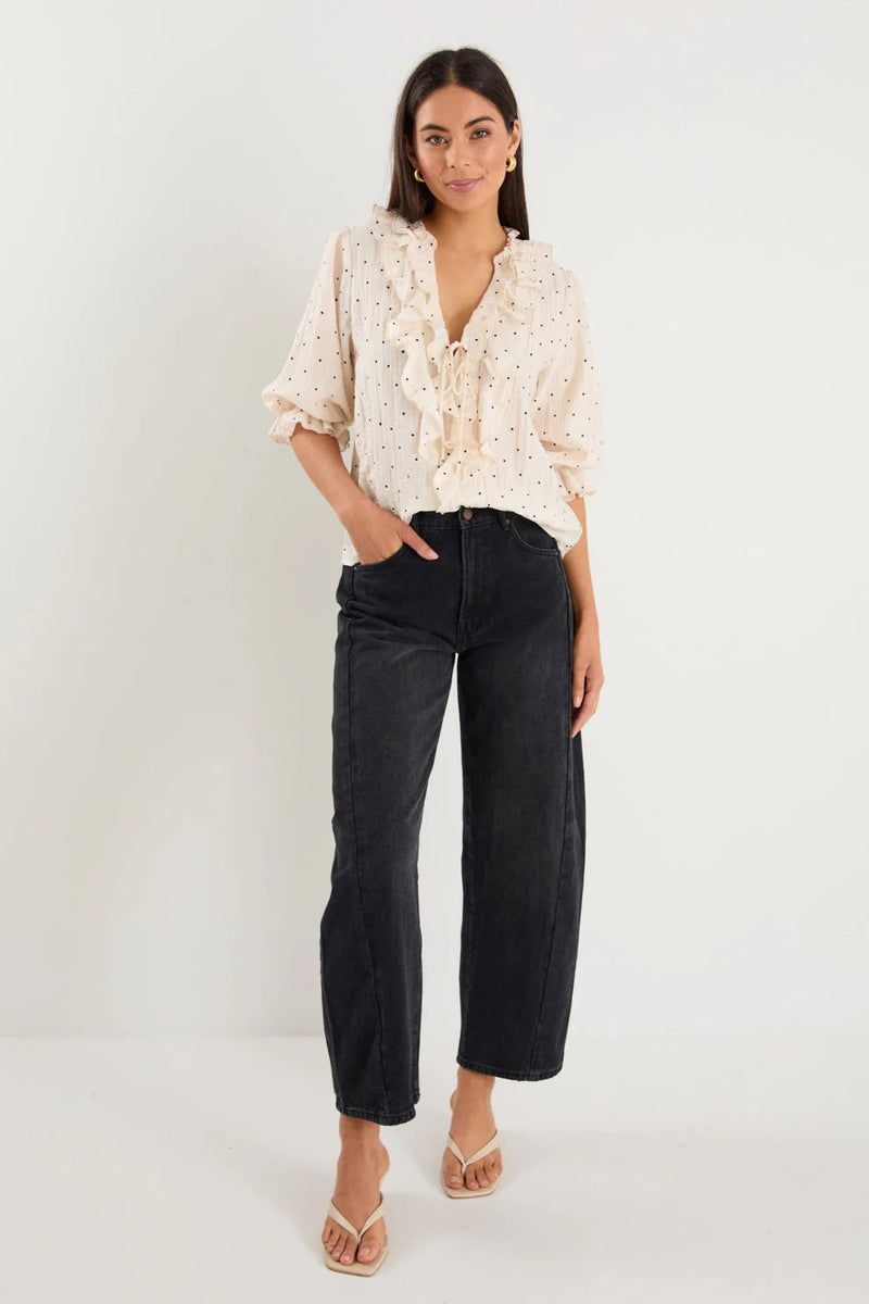 Garnish Cream Black Polka Dot Frill Front Mid Sleeve Top