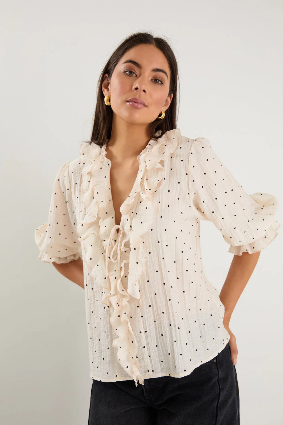 Garnish Cream Black Polka Dot Frill Front Mid Sleeve Top
