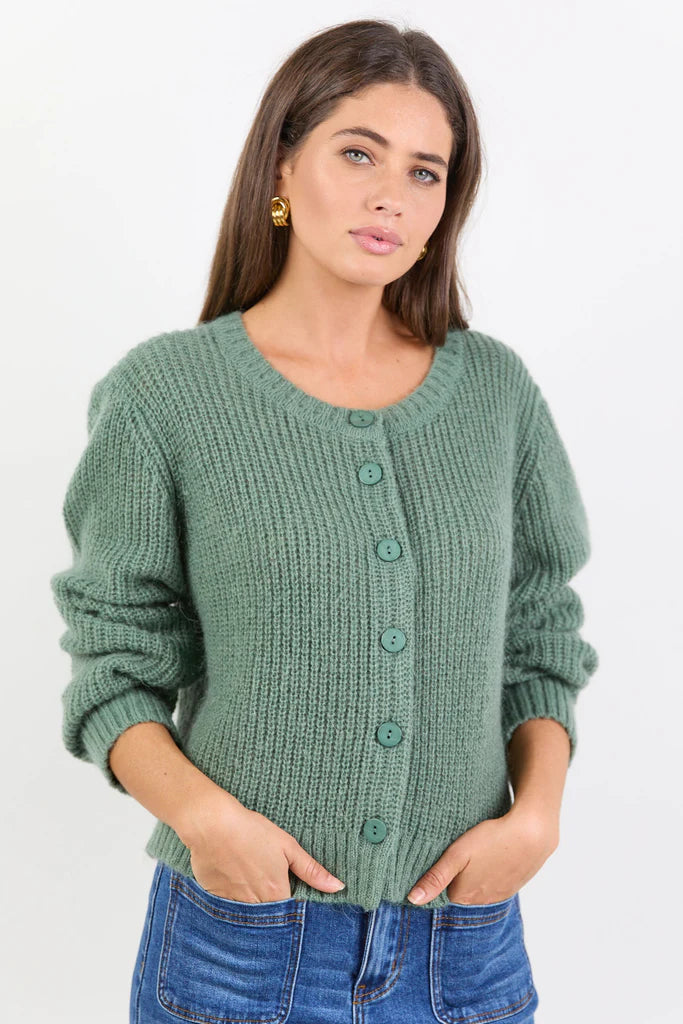 Highlight Sage Mohair Blend
Crewneck Cardigan