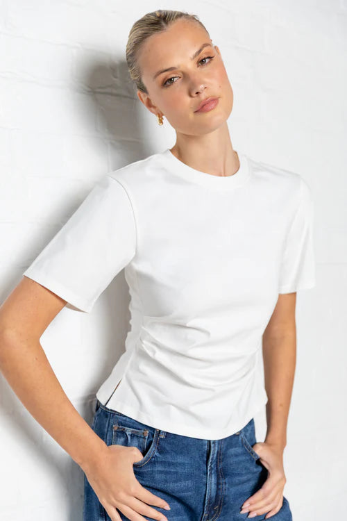 Syllabus White Cotton Pintuck Short Sleeve Tee