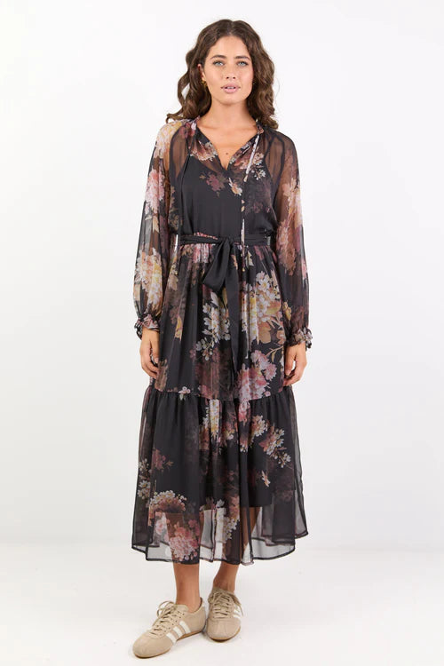 Primrose Black Bouquet Raglan Sleeve Tier Maxi Dress