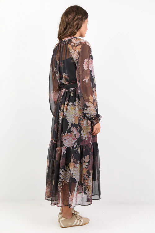 Primrose Black Bouquet Raglan Sleeve Tier Maxi Dress